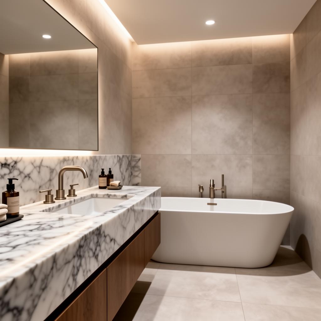 Bathroom with honed marble vanity