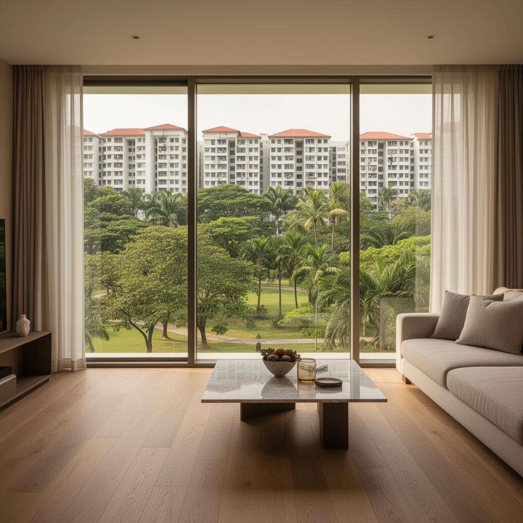 Living interior with engineered oak flooring and marble accents