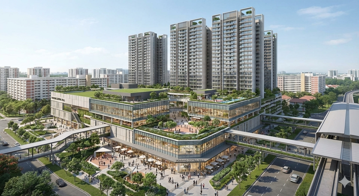 Aerial photograph of Hougang neighbourhood with MRT line and parks at golden hour