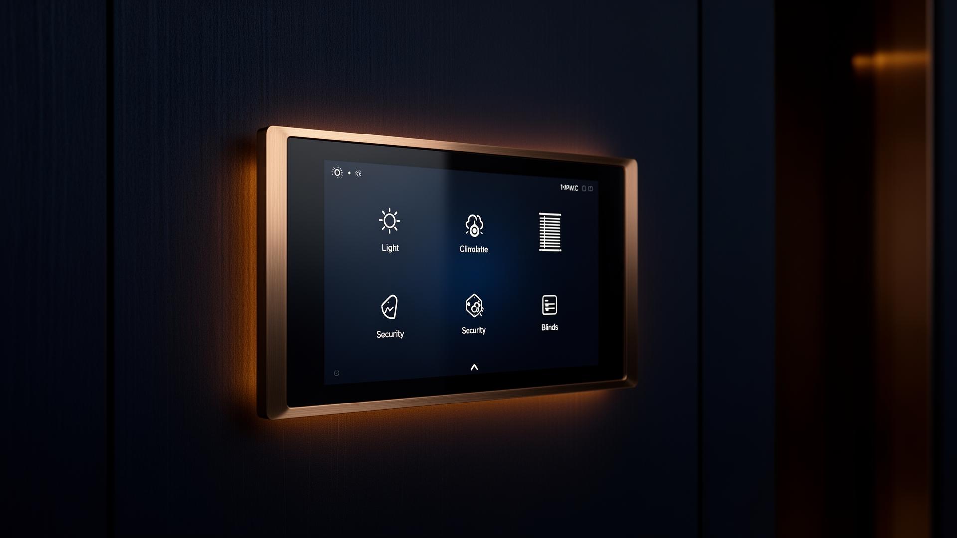 Smart home control interface showing lighting, climate, security and access management for the residence