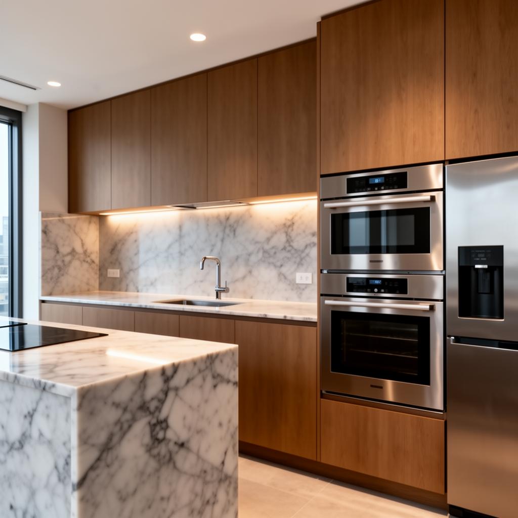 Kitchen with honed marble and integrated appliances