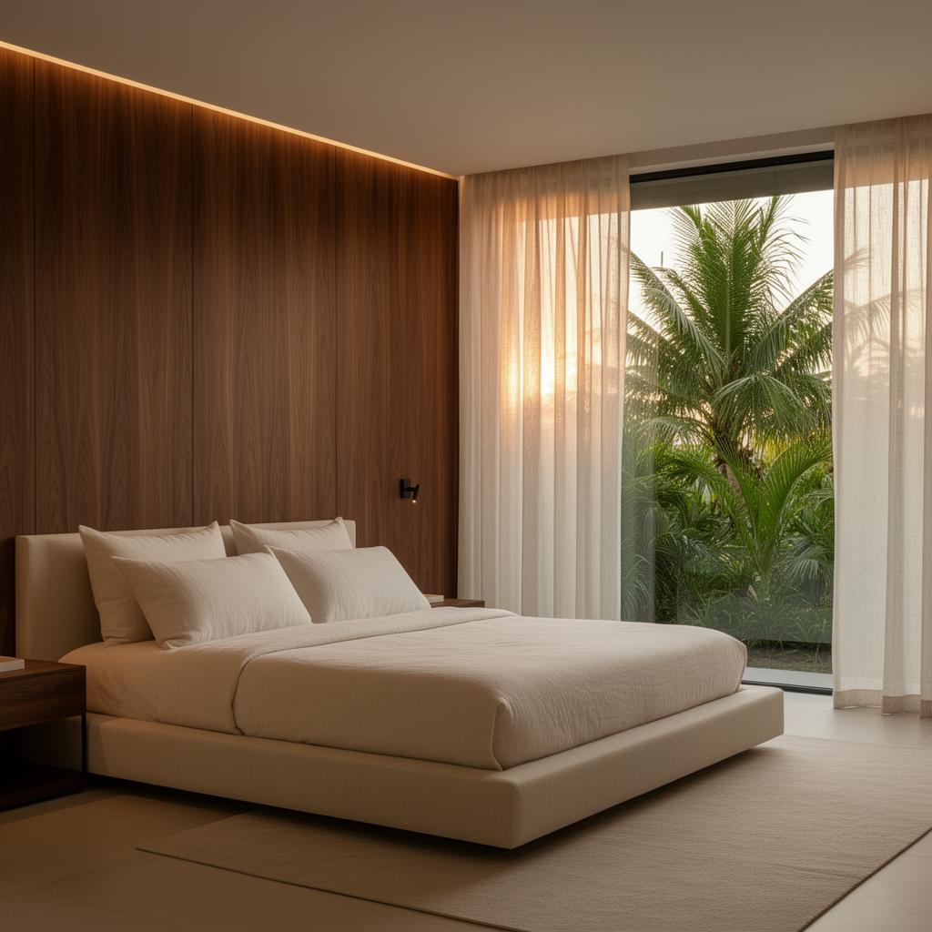 Master bedroom suite with walnut panelling