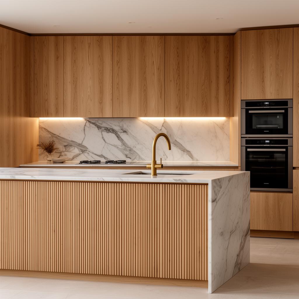 Kitchen with fluted oak cabinetry and marble island