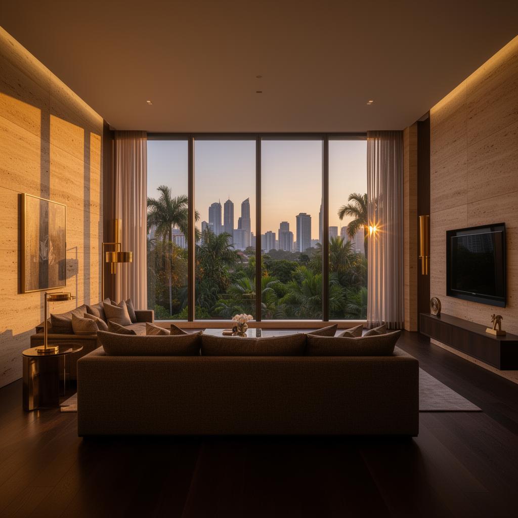 Living room interior render at dusk