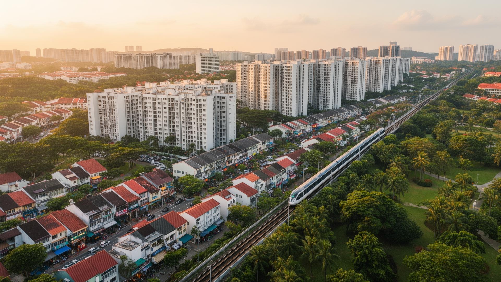 Aerial photograph of Hougang neighbourhood with MRT line and parks at golden hour