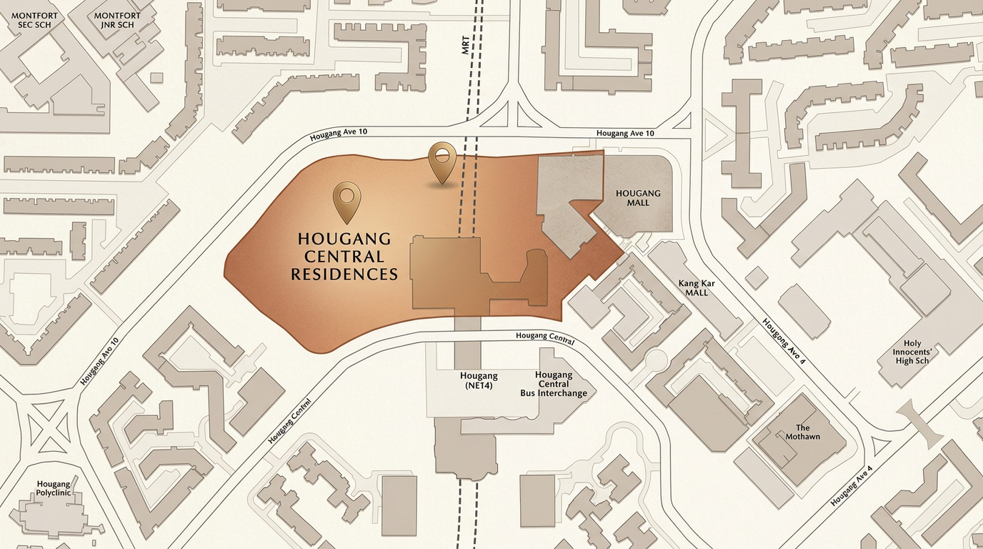 Illustrated map of Hougang showing MRT line, malls, schools and parks around Hougang Central Residences