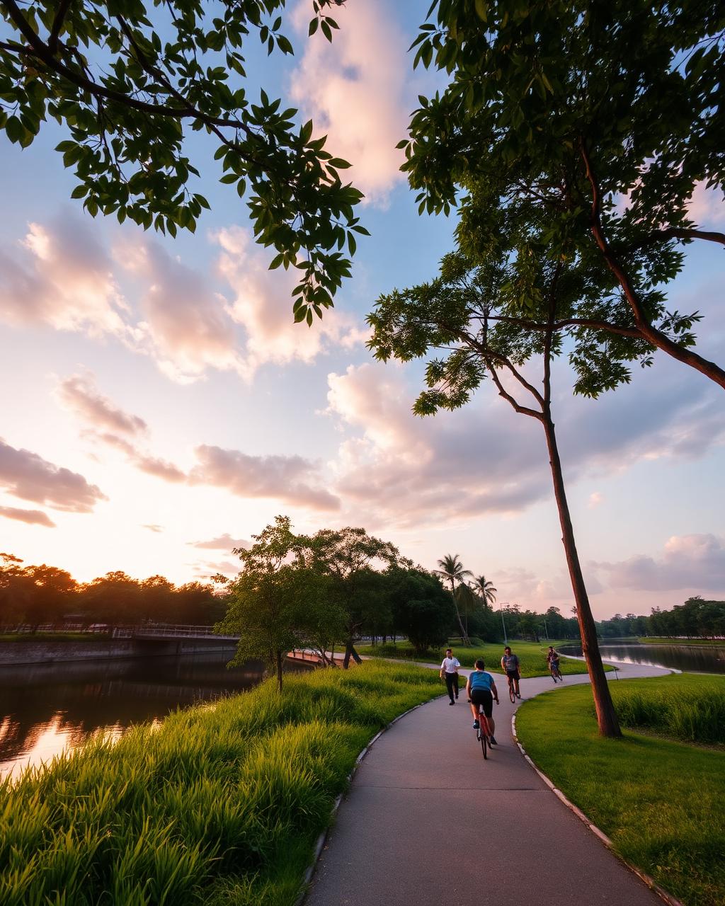 Riverside park connector at dusk with joggers and cyclists