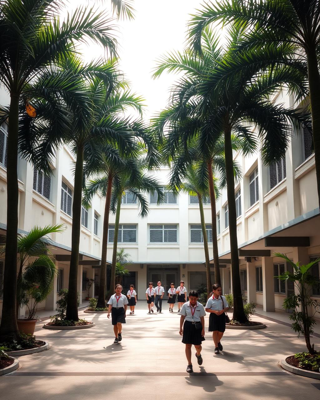 Tropical Singapore school courtyard with students in uniform