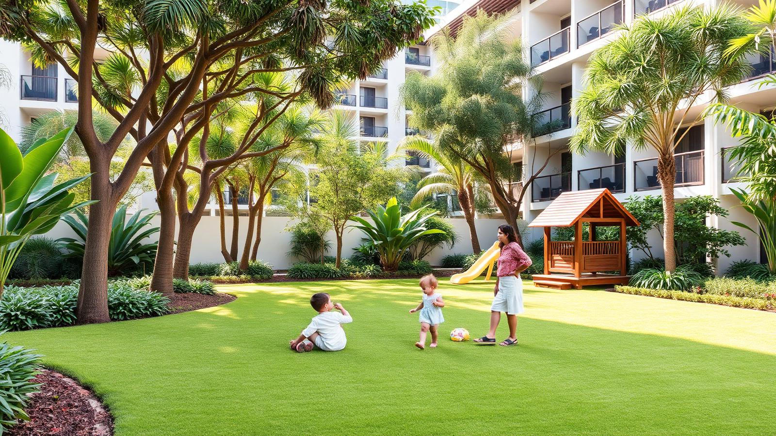 Family lawn and play area set within lush tropical landscape