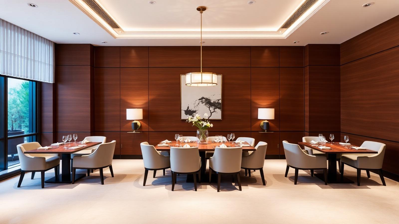 Private dining lounge with warm wood paneling