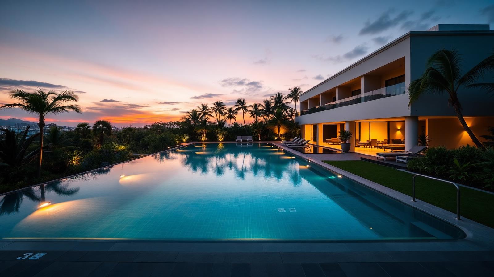 50m lap pool at dusk surrounded by tropical landscaping